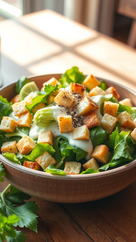 A colorful Vegan Caesar Salad with romaine lettuce, croutons, and cashew dressing.